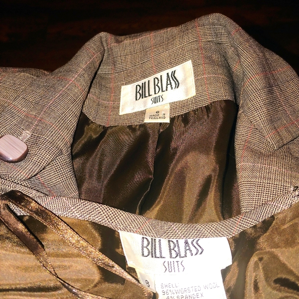 BILL BLASS 8 M/L HERRINGBONE BROWN TAN WOOL MODERN VTG TAILORED FIT SKIRT SUIT - Picture 10 of 14